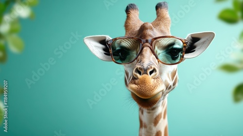 A playful giraffe models stylish sunglasses against a vibrant background, showcasing its unique personality and charm, making for a delightful and whimsical image. photo