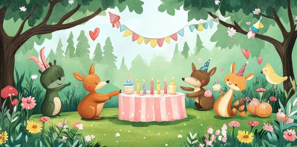 Naklejka premium Woodland Creatures Celebrate A Birthday Party Together