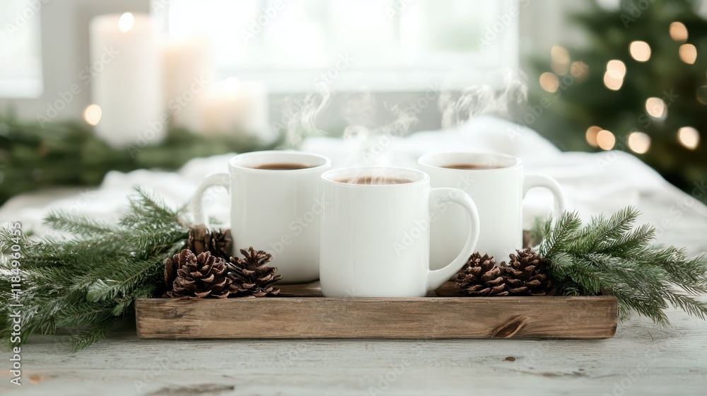 custom made wallpaper toronto digitalThree steaming white mugs filled with hot beverages, surrounded by pinecones and greenery, create a cozy winter atmosphere perfect for holiday gatherings and warmth.
