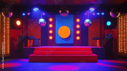 A stage with a retro 70s theme featuring bold colors and disco ball lighting 