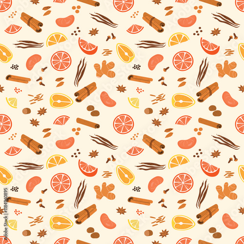 Citrus and spices seamless pattern on beige background. Tangerine, orange and lemon, ginger, cardamom, cloves, nutmeg, anise, cinnamon, vanilla. For cooking, spice stores sign. Vector illustration.