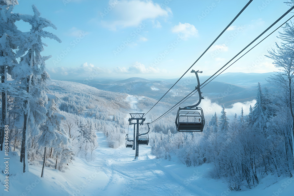 Chairlift ascending a snowy mountain in a serene winter landscape under a bright blue sky Chairlift ascending a snowy mountain in a serene winter landscape under a bright blue sky