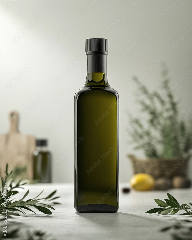 Elegant green olive oil bottle with a minimalist design, surrounded by fresh herbs and citrus for a natural touch. Elegant green olive oil bottle with a minimalist design, surrounded by fresh herbs and citrus for a natural touch.