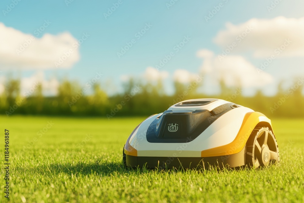 Autonomous robotic lawnmower trimming emerald grass, navigating backyard landscape with precision, sunlight highlighting sleek design against blurred verdant backdrop