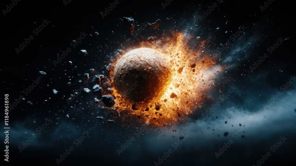 Stunning visual of a planet being destroyed in a cosmic explosion, surrounded by floating debris, serving as a vivid reminder of the vastness and unpredictability of the universe. Stunning visual of a planet being destroyed in a cosmic explosion, surrounded by floating debris, serving as a vivid reminder of the vastness and unpredictability of the universe.