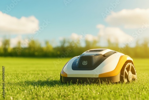 Obraz na płótnie Autonomous robotic lawnmower trimming emerald grass, navigating backyard landscape with precision, sunlight highlighting sleek design against blurred verdant backdrop w salonie