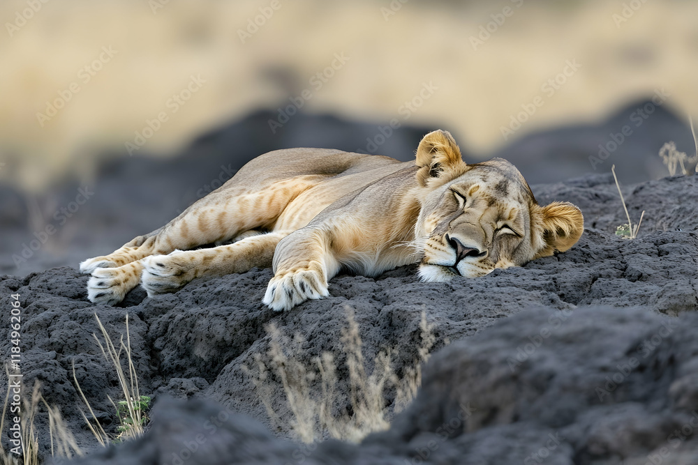 Close-up front view of a lioness peacefully sleeping on a rocky surface Close-up front view of a lioness peacefully sleeping on a rocky surface