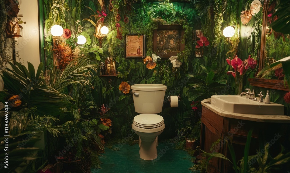 Fototapeta premium Toilet in a jungle decorated restroom