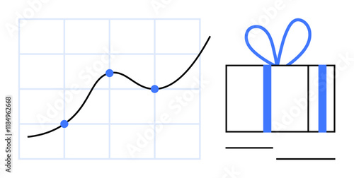 Rising line graph with data points, gift box wrapped in blue ribbon. Ideal for business growth, success, rewards programs, finance, sales increase, performance tracking positive outcomes. Line