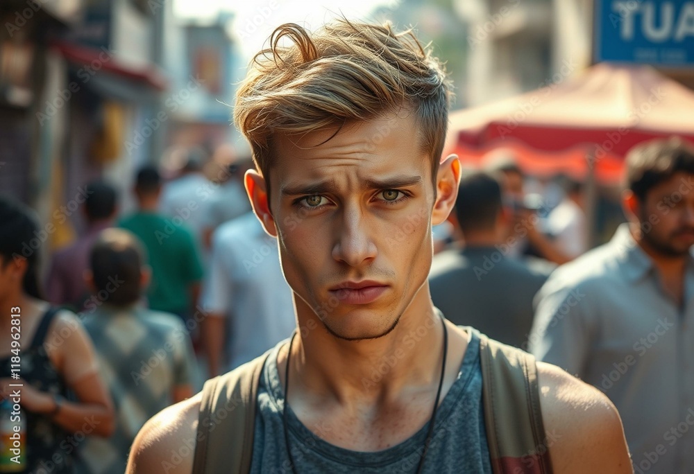 Fototapeta premium Young male in summer heat, sweating and frustrated