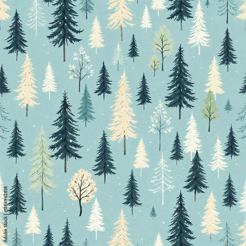 Fototapeta premium Watercolor illustration of seamless pattern with trees, tree pattern, pattern of trees