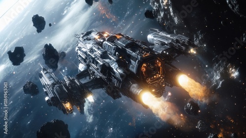 Fototapeta Naklejka Na Ścianę i Meble -  A futuristic spaceship maneuvering through an asteroid field in deep space, with glowing thrusters igniting.