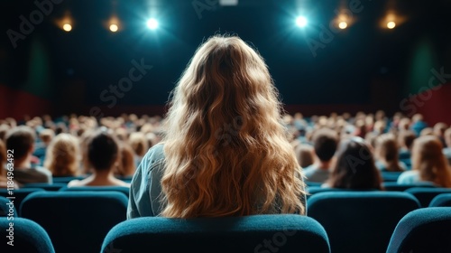 A diverse audience is captivated in a cinema setting, illuminated by dramatic lighting, showcasing the shared experience of film and storytelling, evoking emotions of anticipation. photo