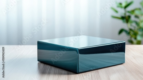 A polished geometric box is displayed on a natural wood table, showcasing its sleek design and reflecting light beautifully, adding a touch of modern elegance to the setting.