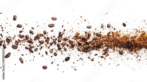 Explosion of coffee bean and powder isolated on white background. Vector realistic illustration of shredded roasted ground coffee and burst of arabica grain with splash of brown dust