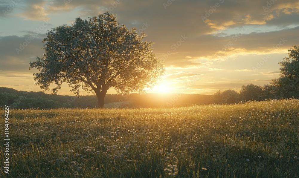Tree is in the foreground of a field with a beautiful sunset in the background. The sun is setting behind the tree, casting a warm glow over the grassy field. Tree is in the foreground of a field with a beautiful sunset in the background. The sun is setting behind the tree, casting a warm glow over the grassy field.