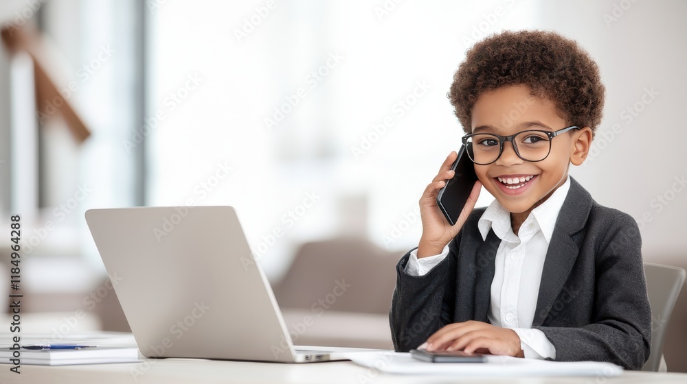 Smiling African-American boy dressed as businessman in suit and glasses using laptop and phone in office, simulating entrepreneurial enthusiasm. Smiling African-American boy dressed as businessman in suit and glasses using laptop and phone in office, simulating entrepreneurial enthusiasm.