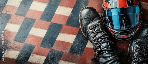 Vintage Motorcycle Gear on Checkered Floor photo