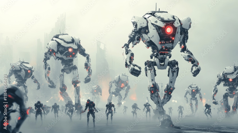 Fototapeta premium Robot transformers, robotics and artificial intelligence technologies cyborgs, military combat exoskeleton characters, battle alien cybernetic warriors on white background. Cartoon vector illustration