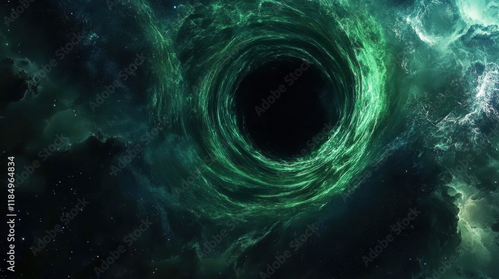 A mesmerizing cosmic vortex swirling in shades of green, surrounded by stars and nebulae in deep space. A mesmerizing cosmic vortex swirling in shades of green, surrounded by stars and nebulae in deep space.