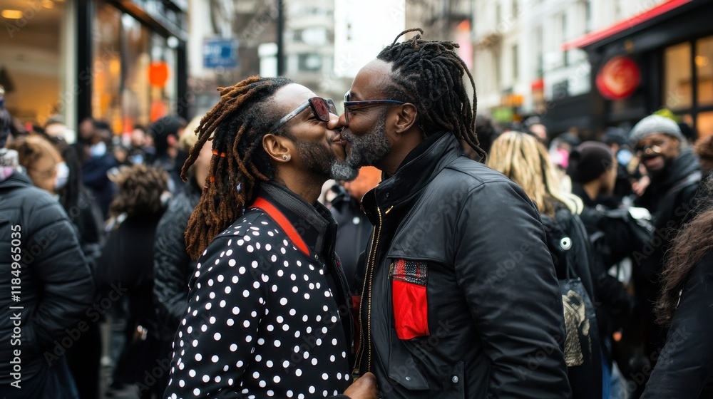 Two men sharing a passionate kiss during a vibrant pride event, surrounded by a supportive, LGBTQ, and diverse crowd. Two men sharing a passionate kiss during a vibrant pride event, surrounded by a supportive, LGBTQ, and diverse crowd.