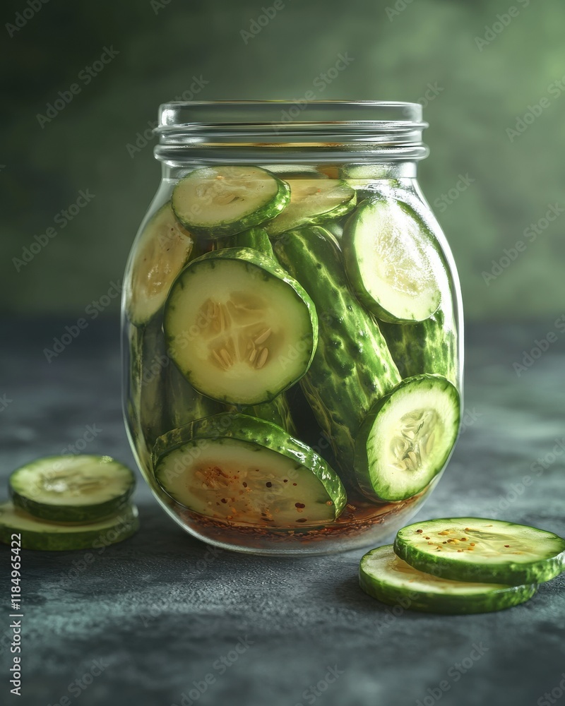 Freshly sliced cucumbers in a jar, showcasing vibrant greens, with soft lighting for a refreshing feel. Freshly sliced cucumbers in a jar, showcasing vibrant greens, with soft lighting for a refreshing feel.