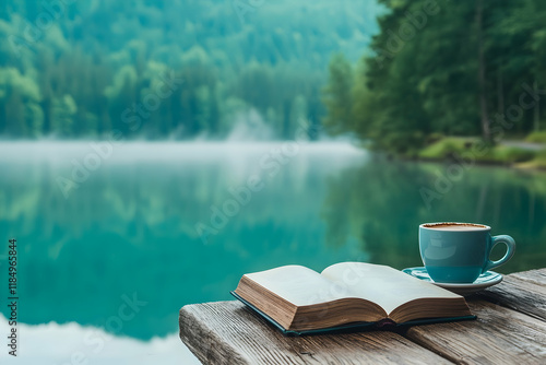 cup of coffee and book on wooden pier on summer lake