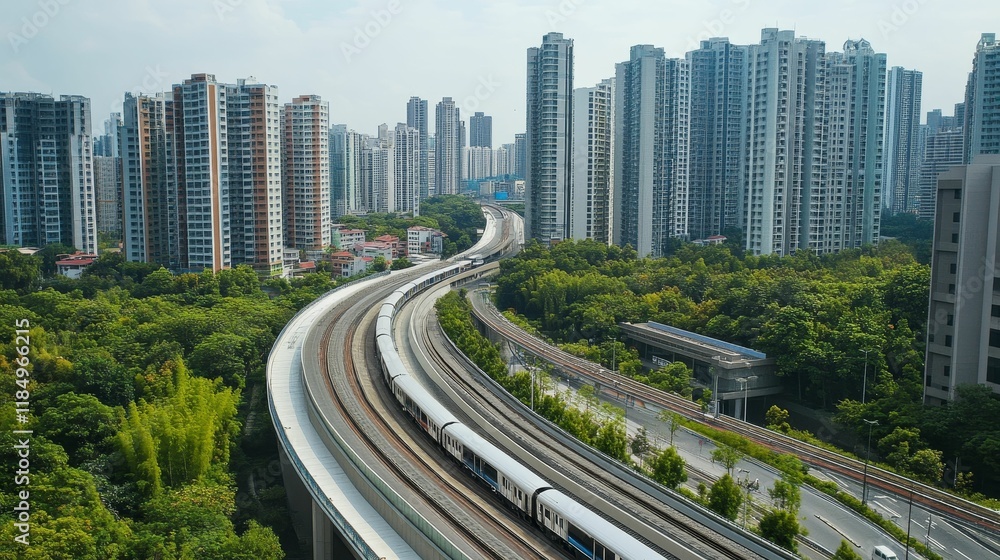 Elevated train curves through urban greenery, high-rises. Elevated train curves through urban greenery, high-rises.