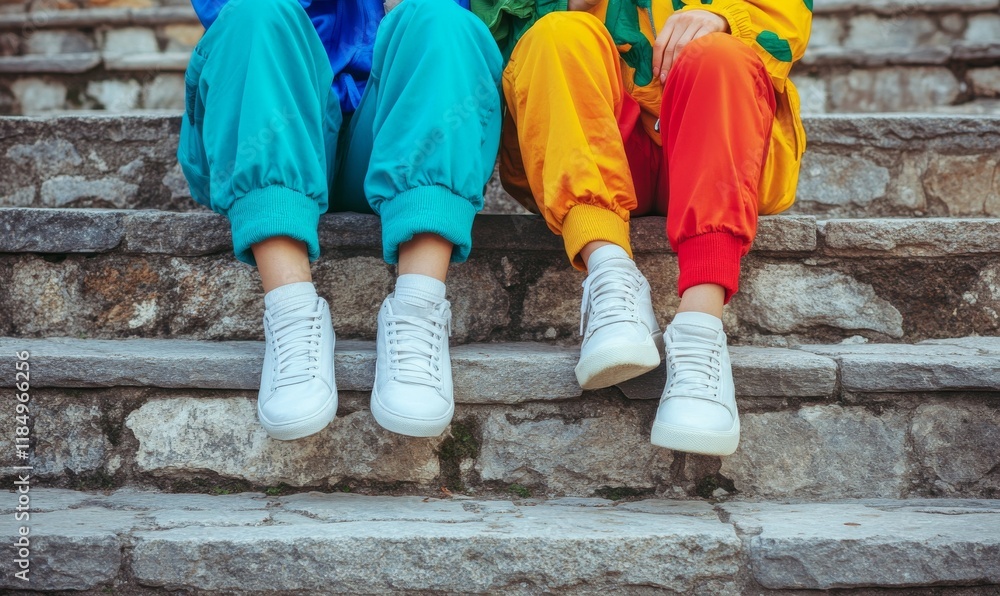 Two People Sitting on Stone Steps Wearing White Sneakers and Brightly Colored Clothing Two People Sitting on Stone Steps Wearing White Sneakers and Brightly Colored Clothing