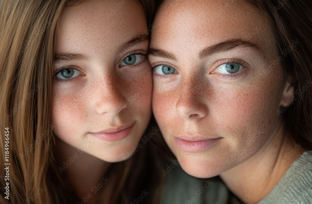 A close-up portrait captures the warmth between a mother and daughter, highlighting their bright blue eyes and freckles as they share a tender moment together indoors. A close-up portrait captures the warmth between a mother and daughter, highlighting their bright blue eyes and freckles as they share a tender moment together indoors.