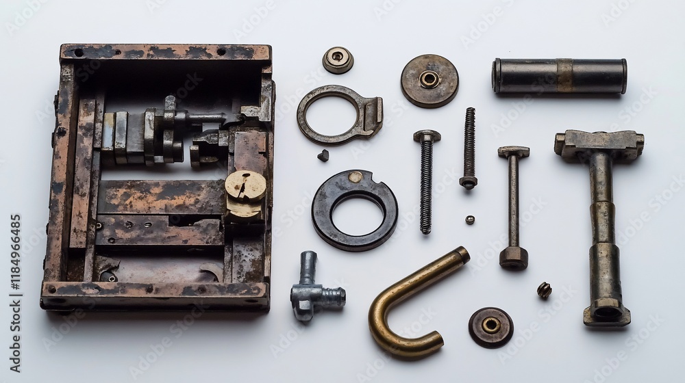 Fototapeta premium Disassembled antique lock mechanism with various metal parts on white background.