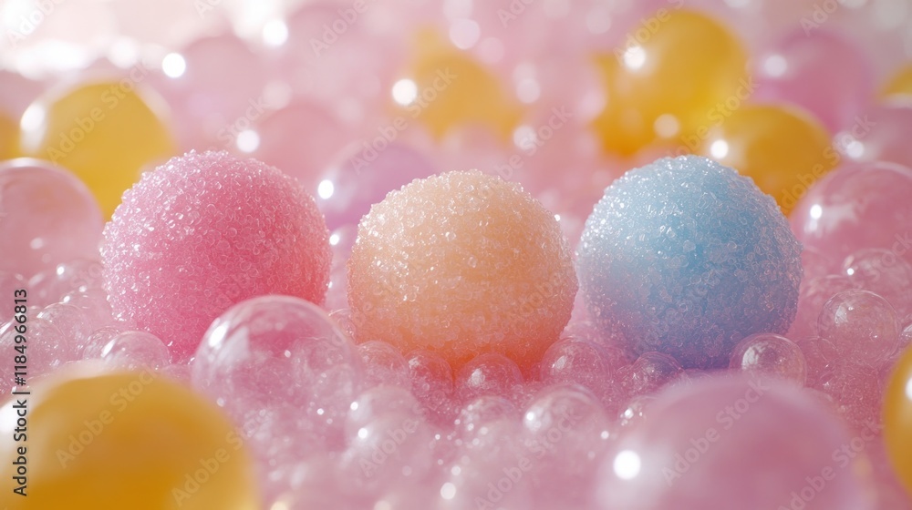 Pastel spheres nestled in bubbly bath. Pastel spheres nestled in bubbly bath.