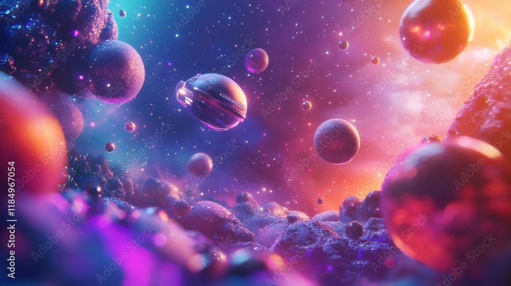 A vibrant cosmic scene featuring colorful planets and nebulae glowing amidst a starry backdrop. A vibrant cosmic scene featuring colorful planets and nebulae glowing amidst a starry backdrop.