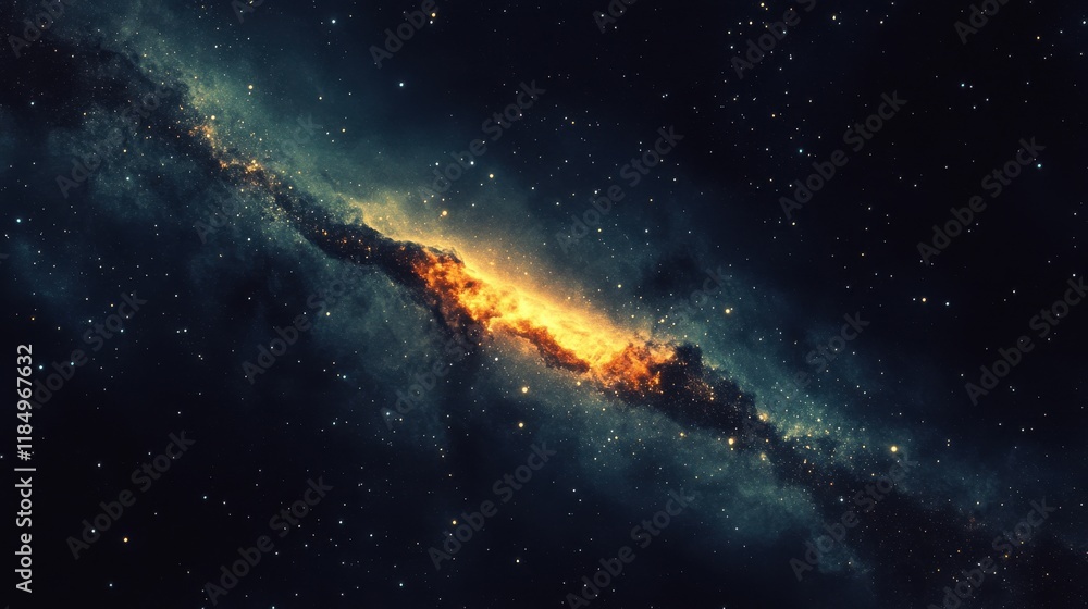 Fototapeta premium A stunning cosmic scene featuring a vibrant galaxy with fiery orange and deep blue hues against a starry backdrop.
