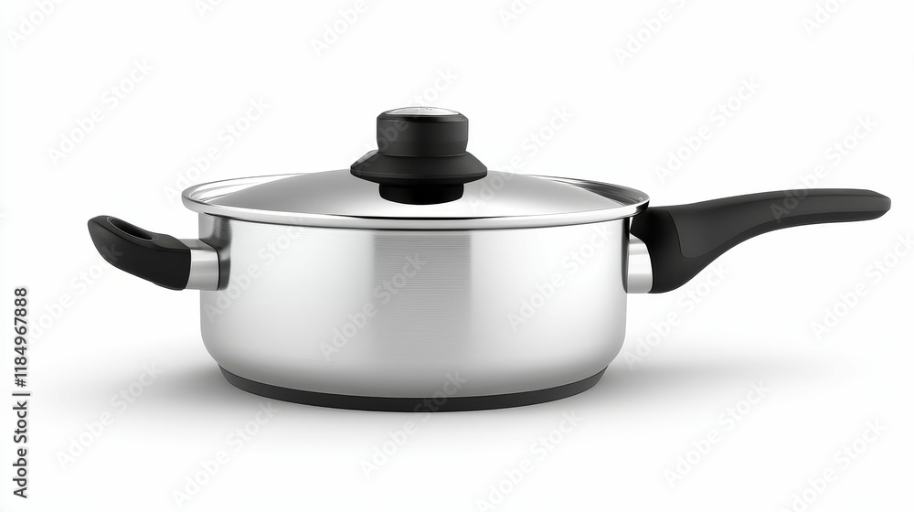 Silver saucepan with lid and black handles. Silver saucepan with lid and black handles.