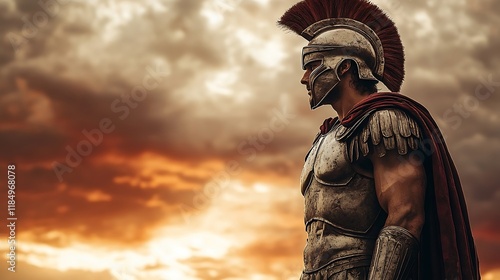 Roman Centurion Stands Against Sunset Sky photo