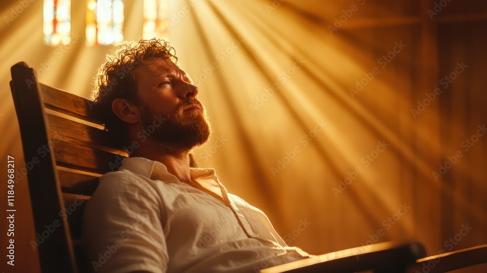 A pensive man sits in a rocking chair, basking in warm sunlight streaming through stained glass, evoking a sense of tranquility and introspection in a serene setting. A pensive man sits in a rocking chair, basking in warm sunlight streaming through stained glass, evoking a sense of tranquility and introspection in a serene setting.