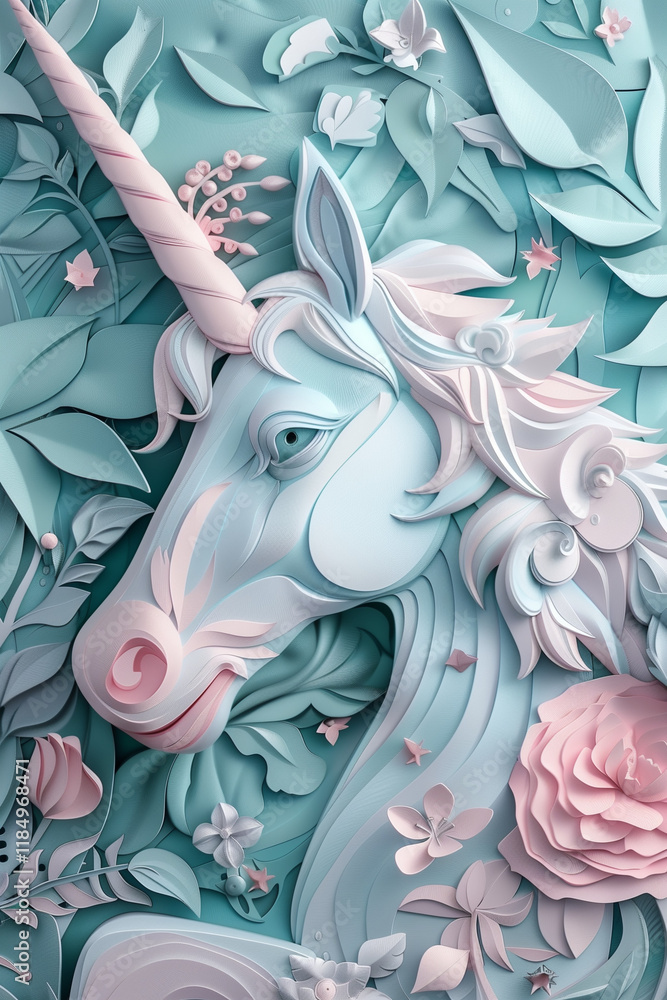 Obraz premium Whimsical Paper Art of a Unicorn Surrounded by Flowers