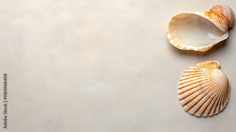 Two seashells on a textured surface, showcasing natural colors and patterns, perfect for marine-themed designs. Two seashells on a textured surface, showcasing natural colors and patterns, perfect for marine-themed designs.
