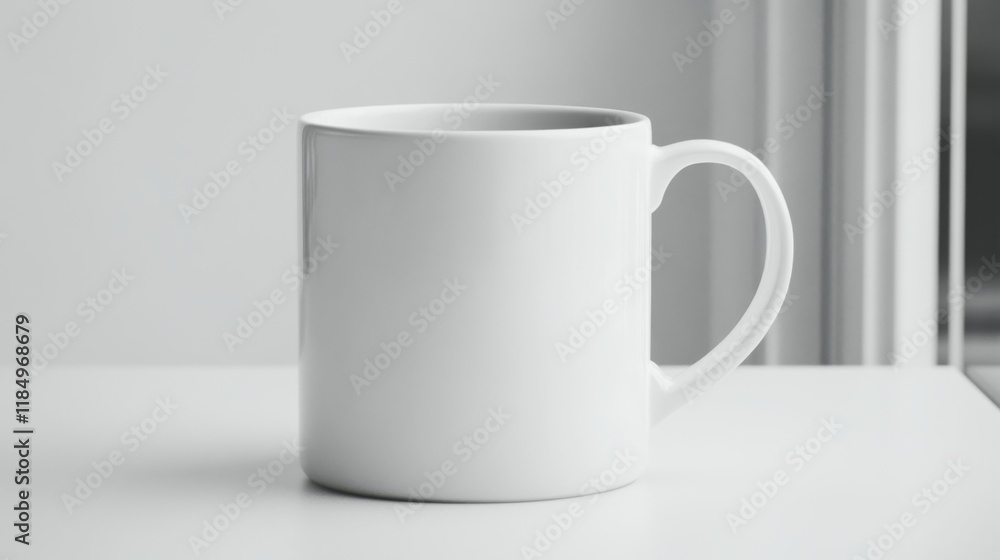 Fototapeta premium A simple white mug sits on a white surface near a window.