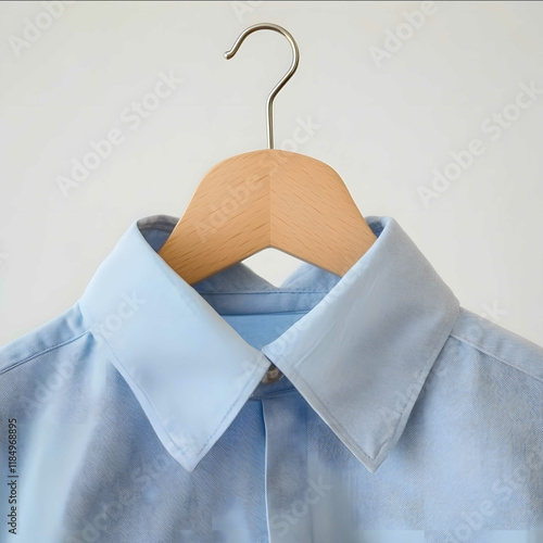 minimalistic style wooden hanger with shirt hanging focus on the upper back of the shirt light pastel blue fabric clean white background studio lighting detailed stitc photo