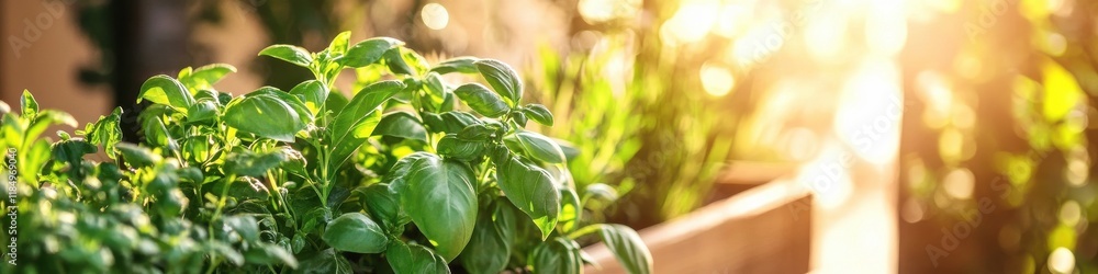 Fresh basil plants bathed in warm sunrise light creating a vibrant greenery ambiance Fresh basil plants bathed in warm sunrise light creating a vibrant greenery ambiance