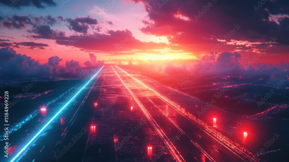 A vibrant sunset illuminates a futuristic roadway with glowing lights and reflective surfaces.