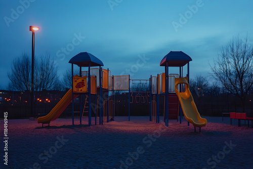 Empty playground at dusk with space for text