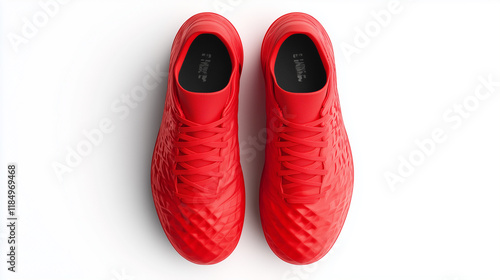 A minimalist 3D render of soccer cleats in a top-down view, isolated on a bright white surface.