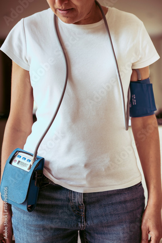 Obraz na plátně Woman wearing 24-hour blood pressure monitor, UK