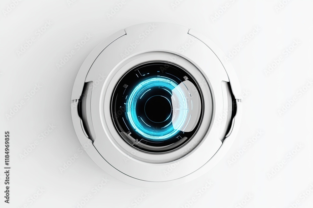 Isolated on a white background, a science fiction robot eye with a blue iris Isolated on a white background, a science fiction robot eye with a blue iris