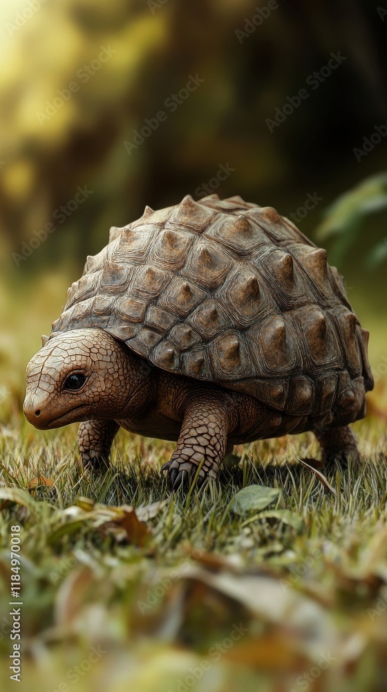 Naklejka premium A detailed view of a tortoise walking on grass, showcasing its textured shell and serene environment.