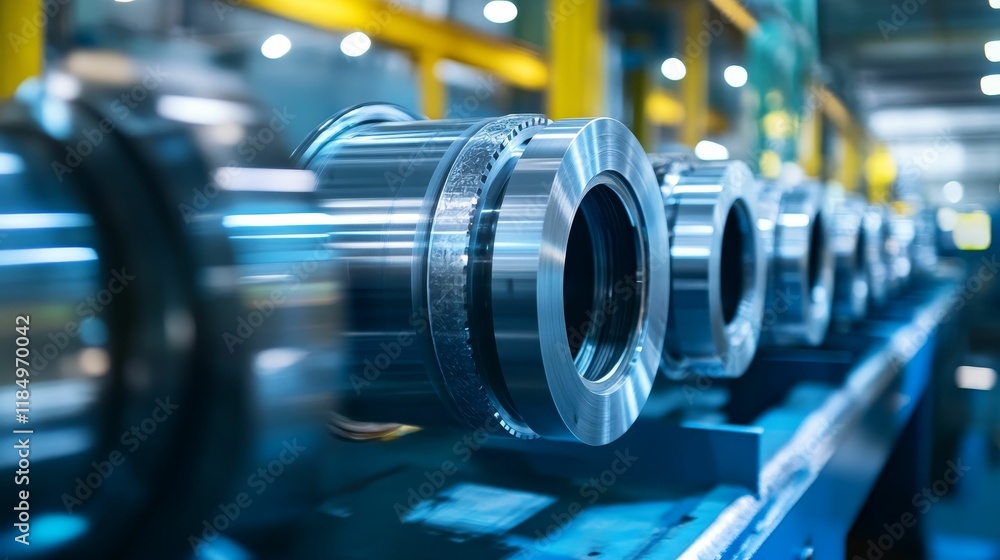 Fototapeta premium Factory-made metal cylinders on conveyor.