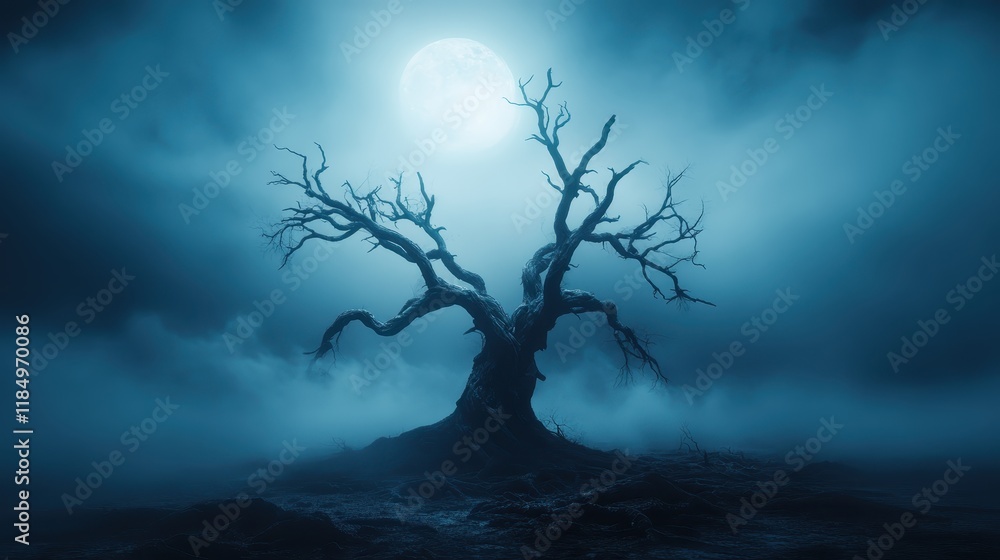 A hauntingly beautiful scene of a gnarled tree stands alone beneath a glowing full moon, enveloped in mist, symbolizing mystery and the sublime aspects of nature. A hauntingly beautiful scene of a gnarled tree stands alone beneath a glowing full moon, enveloped in mist, symbolizing mystery and the sublime aspects of nature.